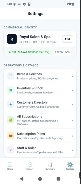 RC Billing Inventory, Roles & Settings