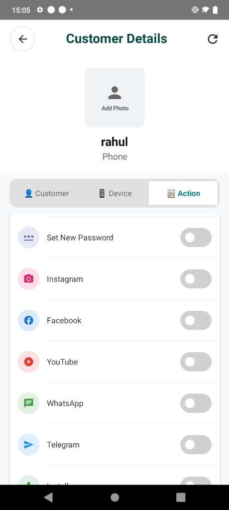 Safe uR Fin Customer Device Action Toggles & App Locks